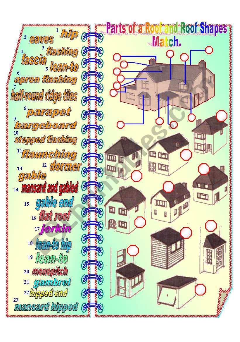Parts of a Roof and Roof Shapes - Matching 