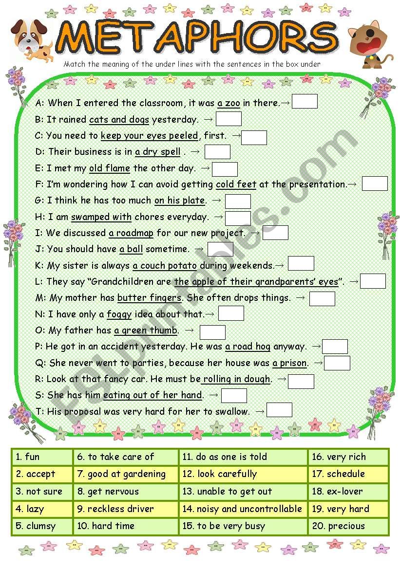 20 Metaphor Questions worksheet