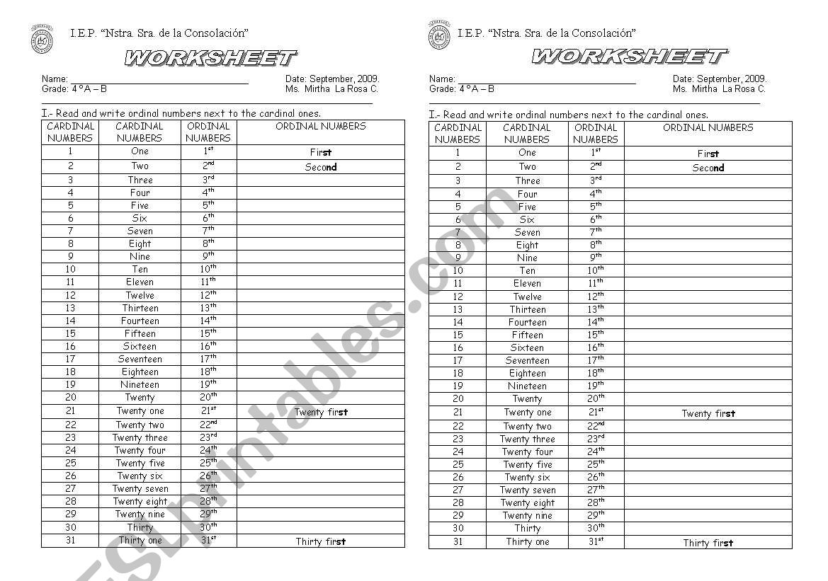 orninal numbers worksheet