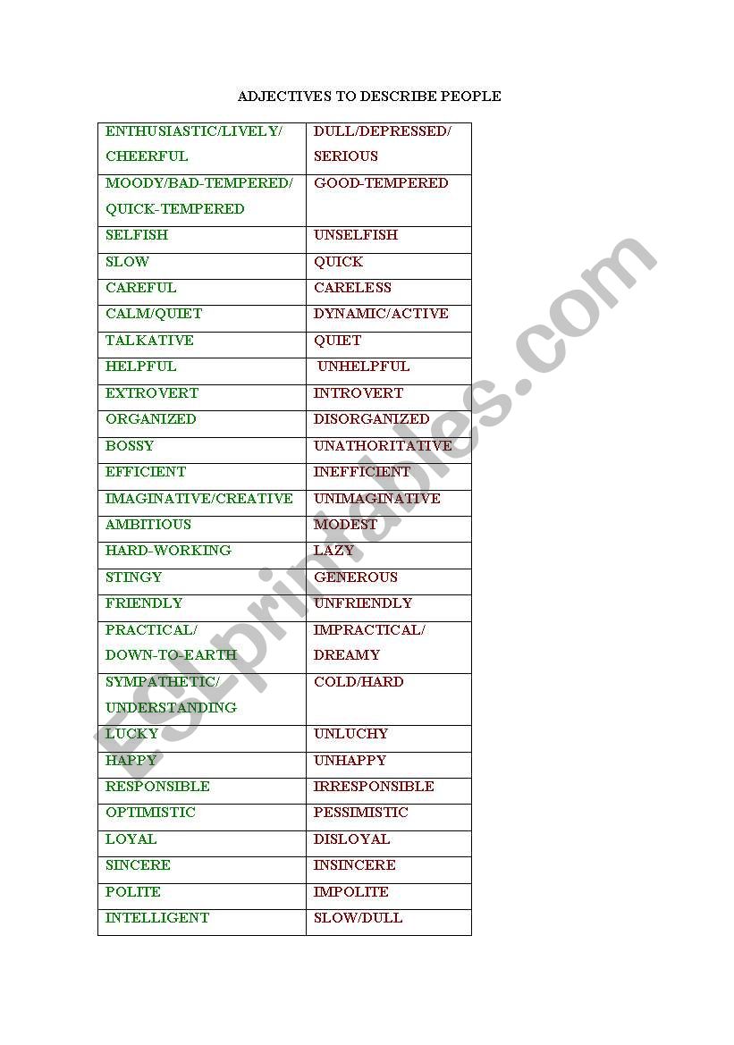 ADJECTIVES TO DESCRIBE PEOPLE worksheet