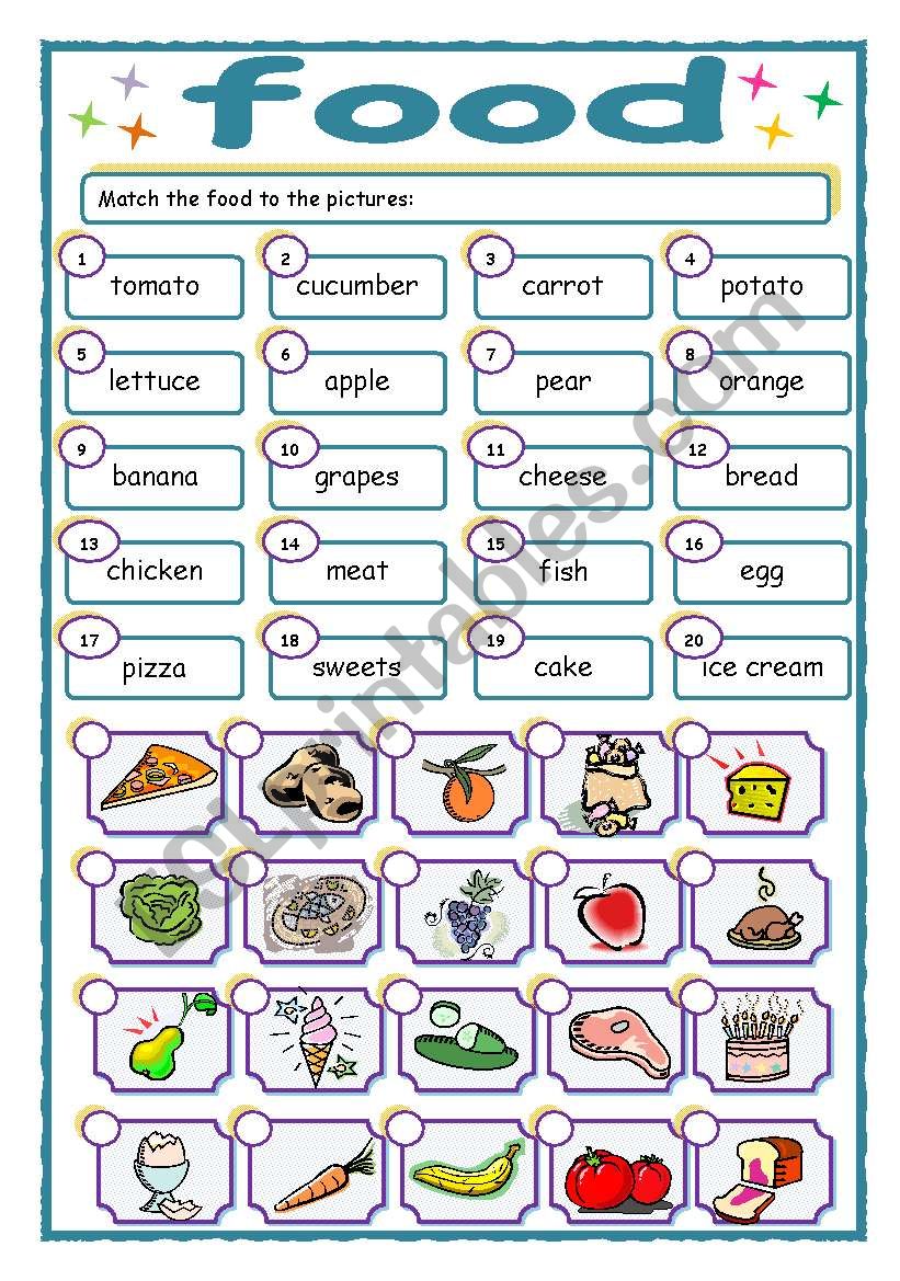 Match the food words to the pictures - ESL worksheet by heather1