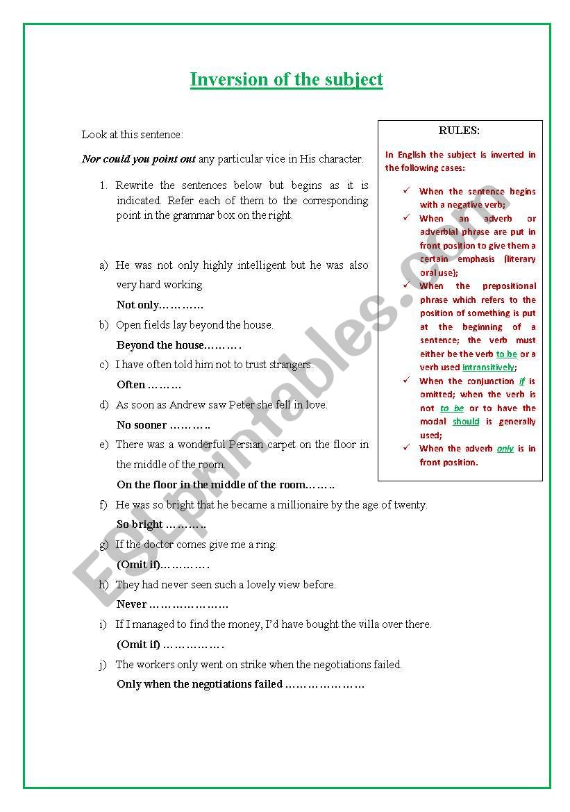 INVERSION OF THE SUBJECT worksheet