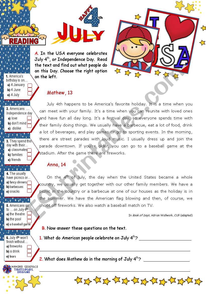July 4th  -  Reading Comprehension