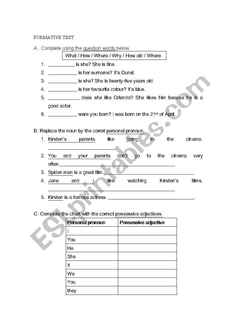 formative test worksheet