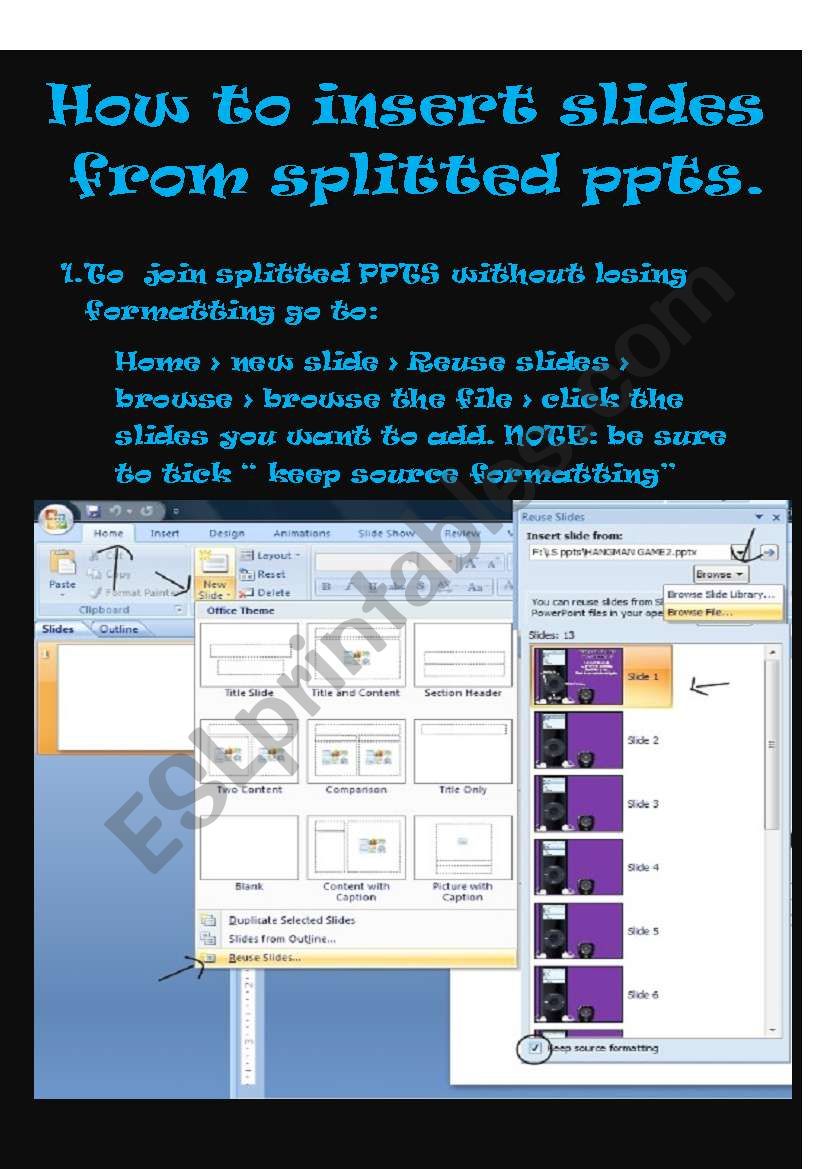 How to insert slides in splitted ppts