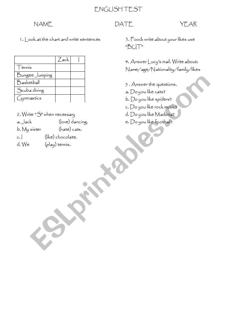 Test Likes worksheet