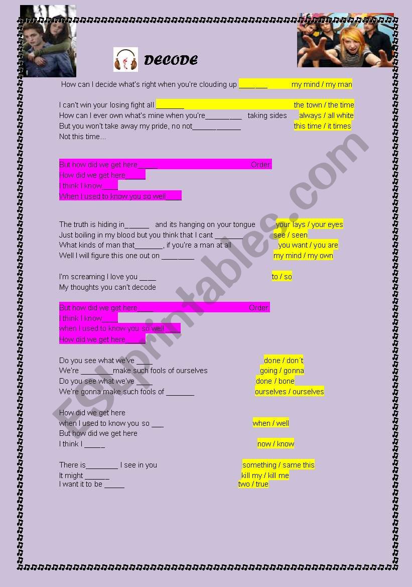 decode song worksheet