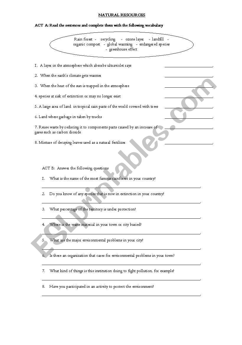 NATURAL RESOURCES worksheet