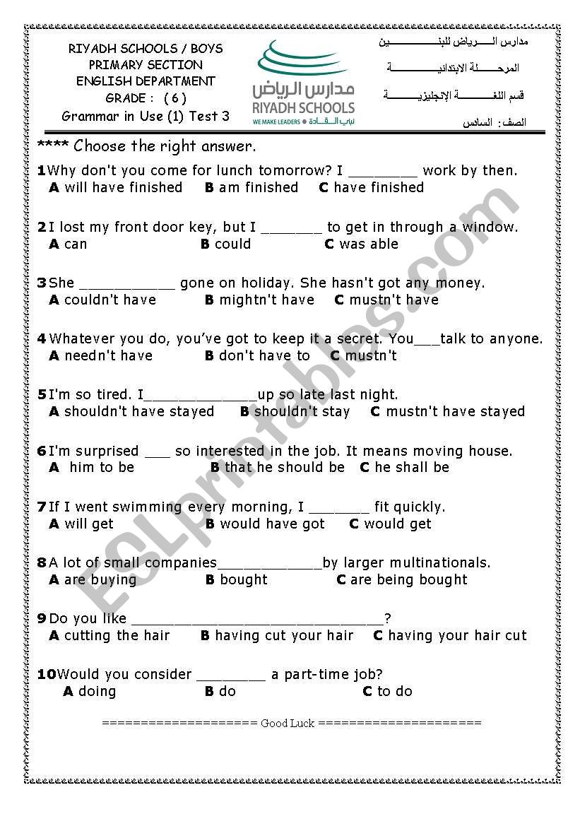 Grammar in Use 1Test 3 worksheet