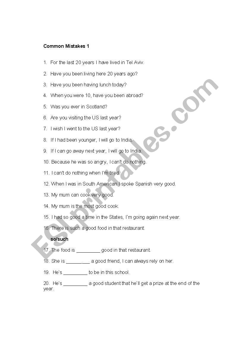 Common mistakes worksheet