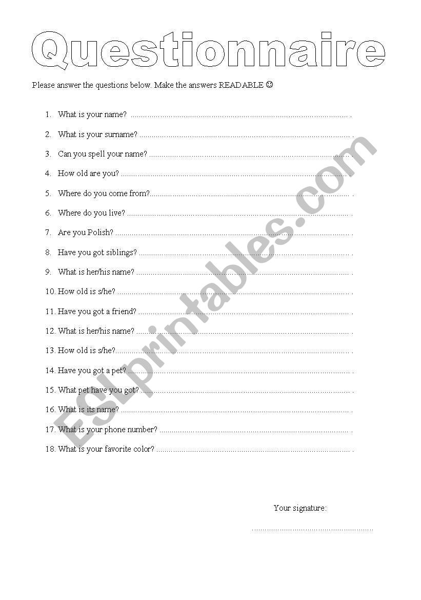 Questionnaire worksheet