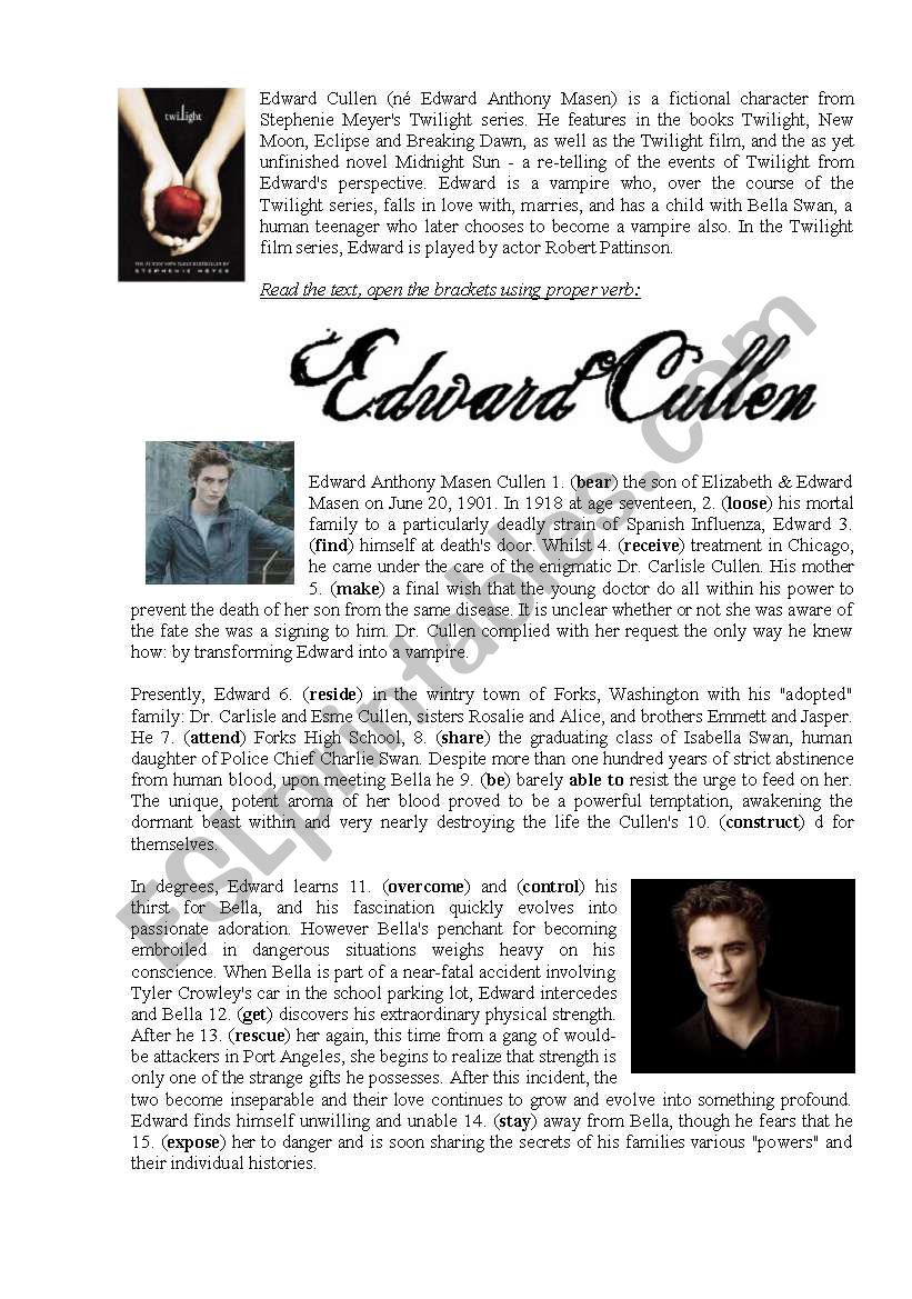 Edward Cullen grammar test worksheet