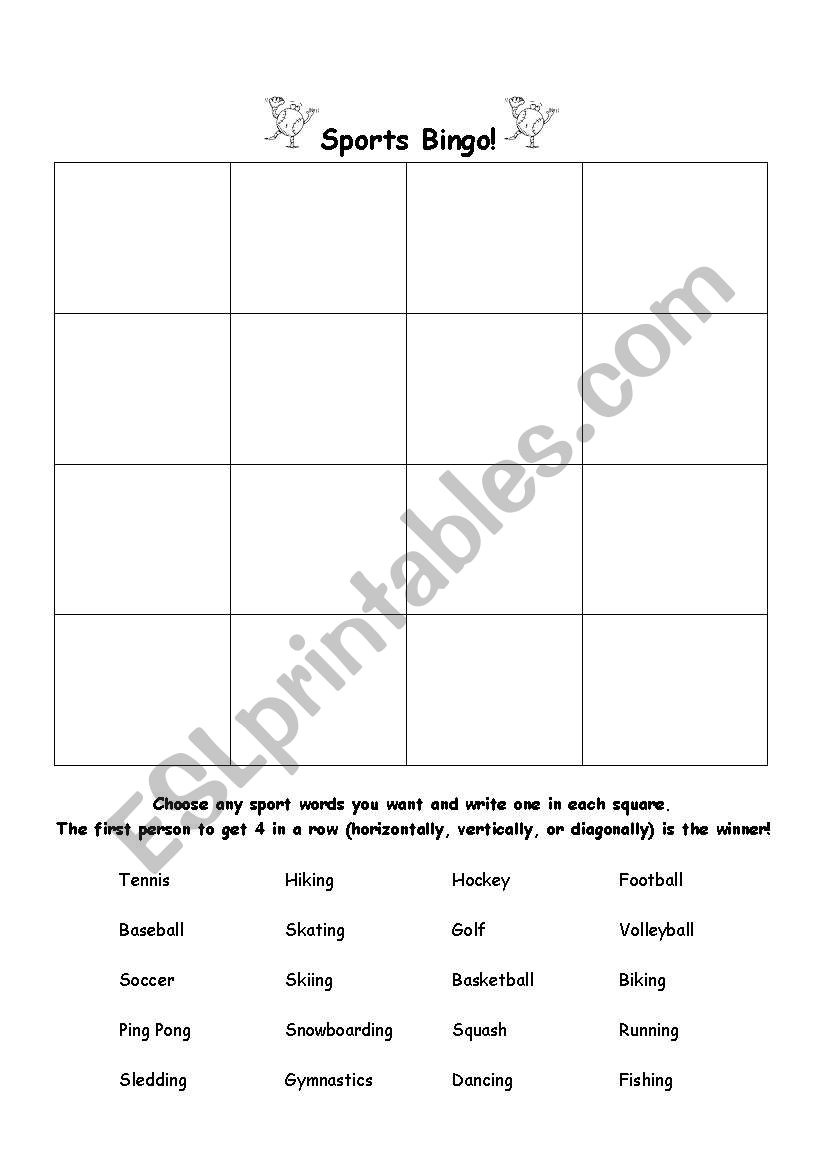 sports bingo worksheet