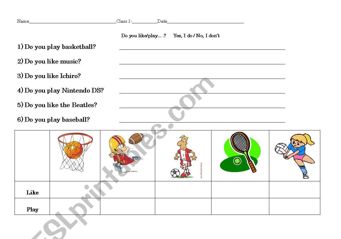 Do you like/play worksheet