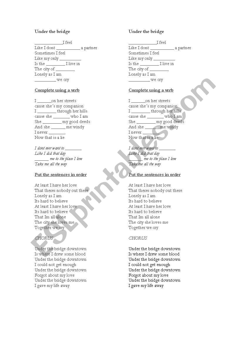 Under  the bridge worksheet