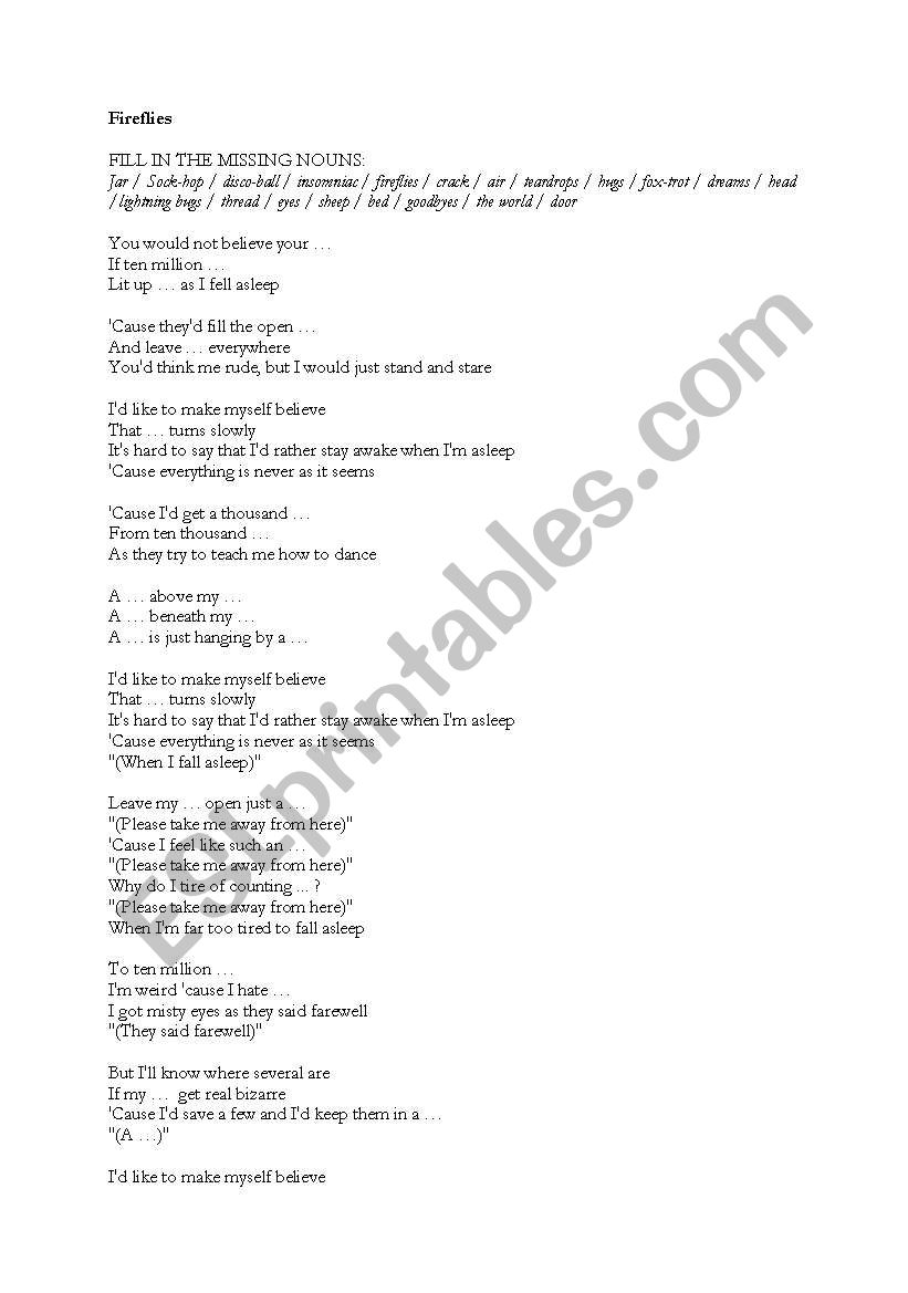 English Worksheets Lyrics For The Song Fireflies By Owlcity