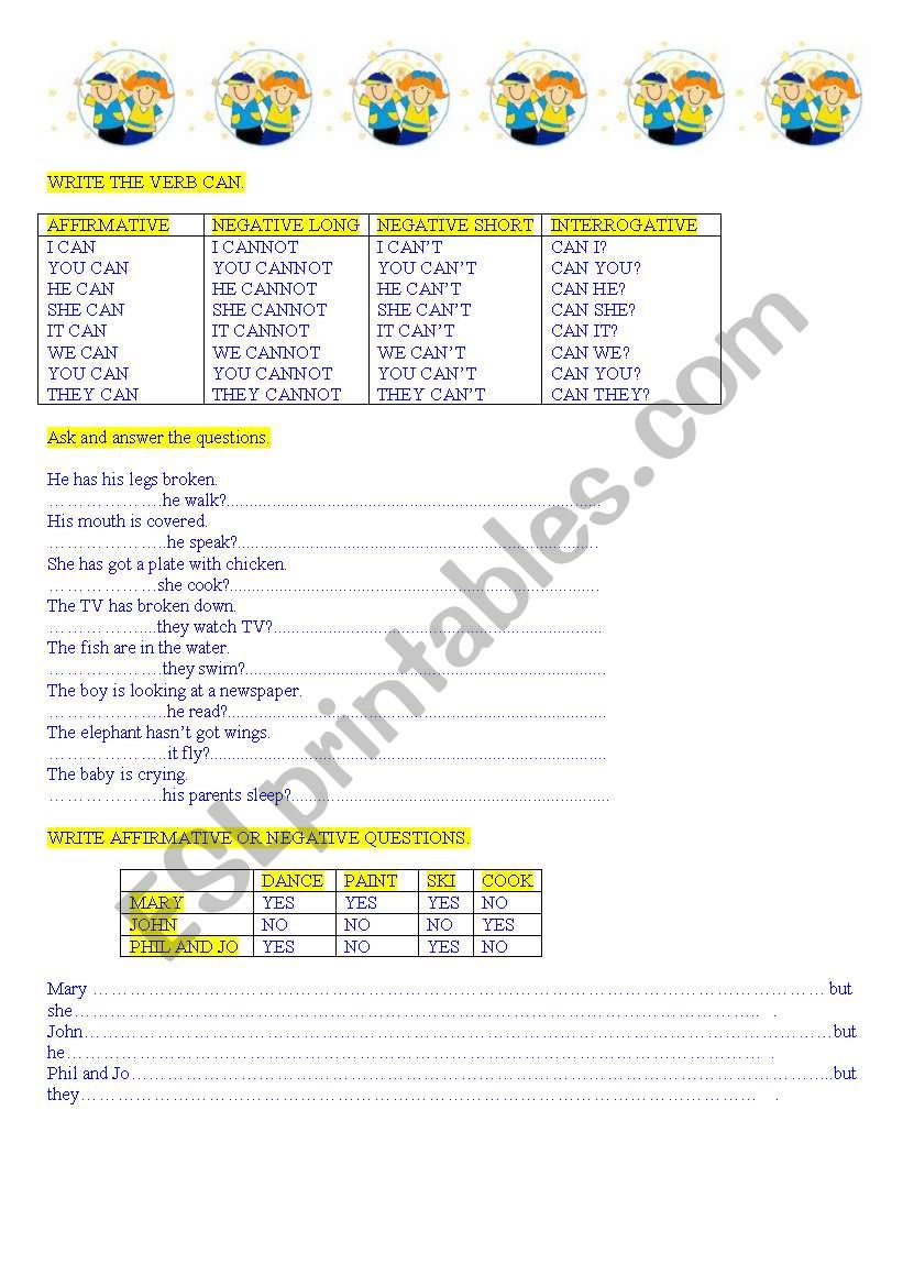 WRITE THE VERB CAN worksheet