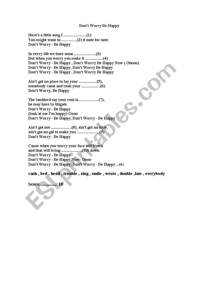 Dont Worry Be Happy Song worksheet