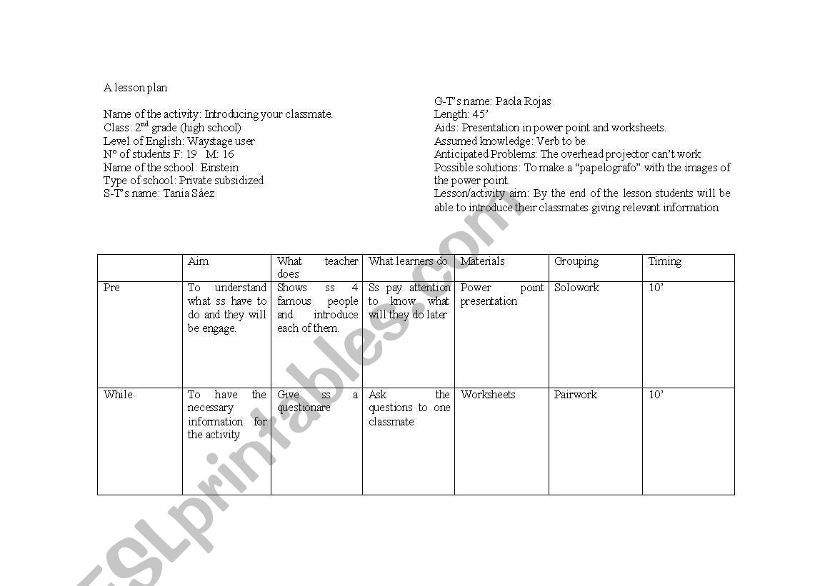 speaking lesson plan worksheet