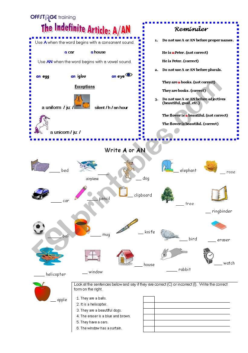 The Indefinite Article A/AN worksheet