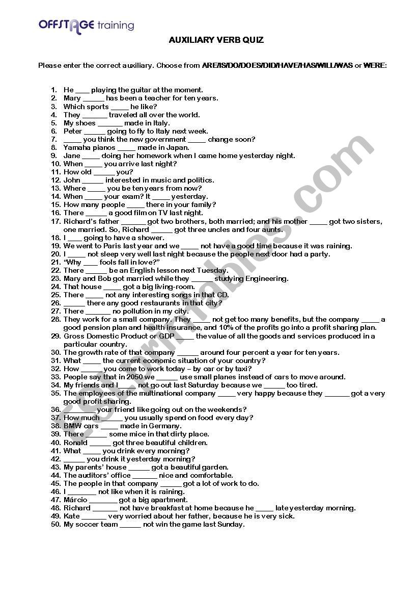 Auxiliary Verbs Quiz worksheet