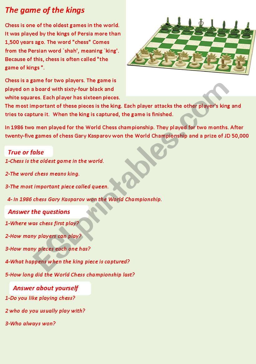 The game of the kings worksheet