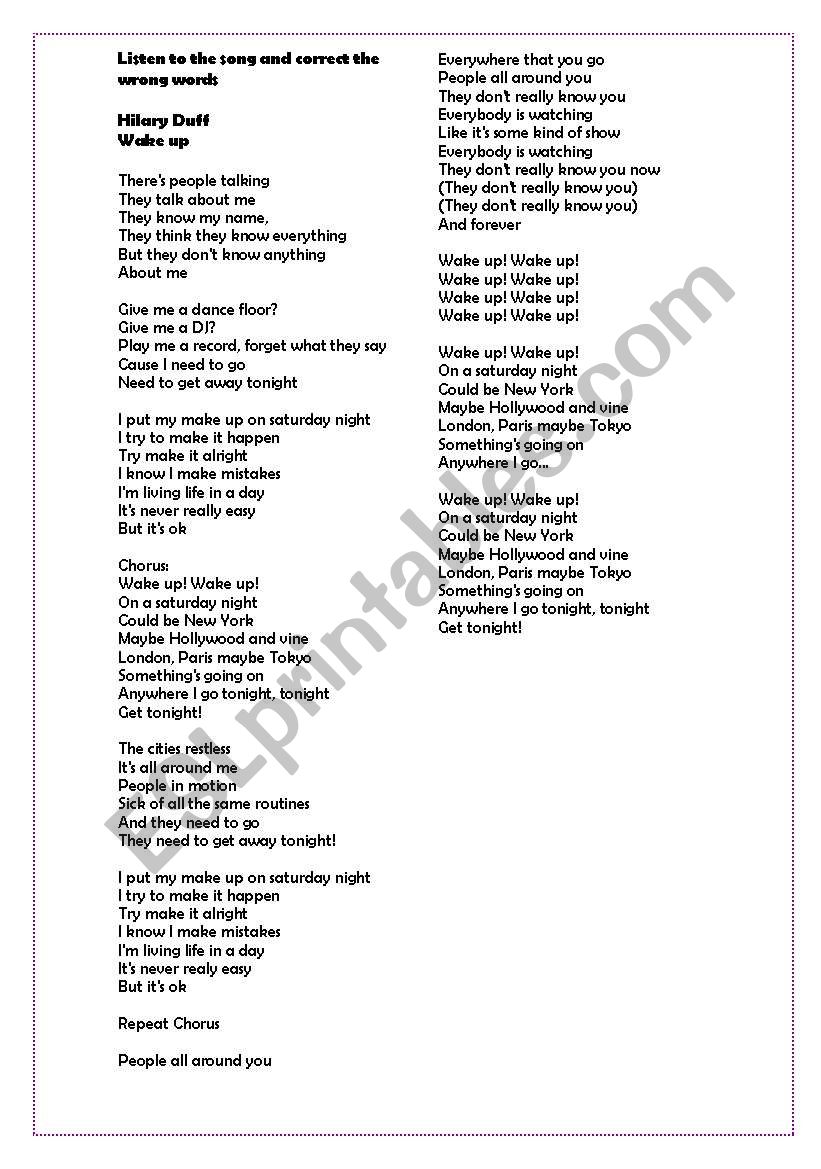 Song Wake up - Hilary Duff worksheet