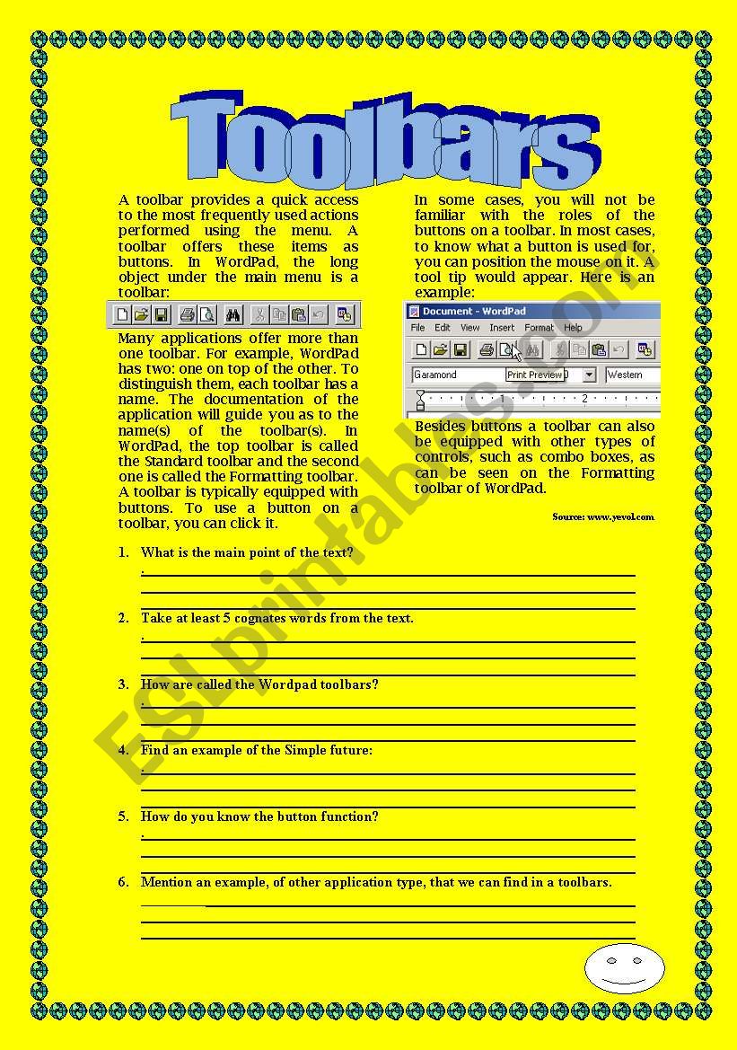 Wordpad Toolbars worksheet