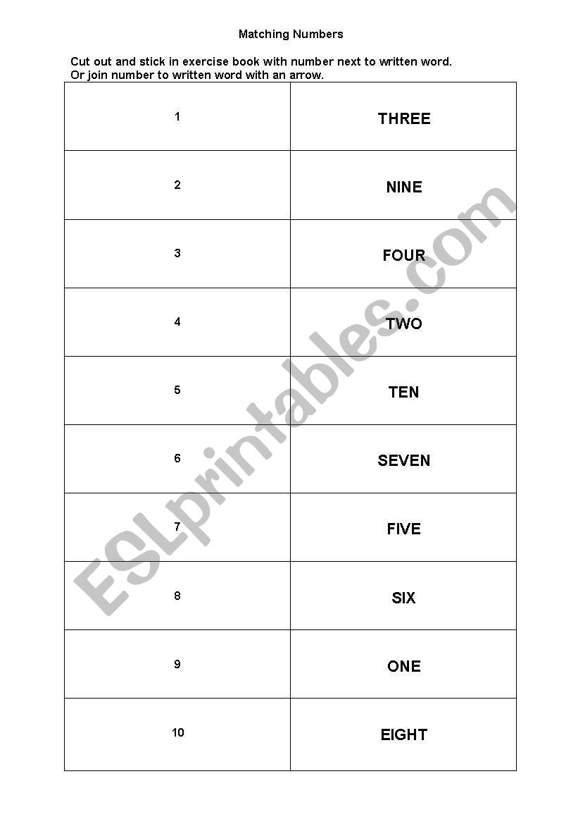 Matching numbers to words worksheet
