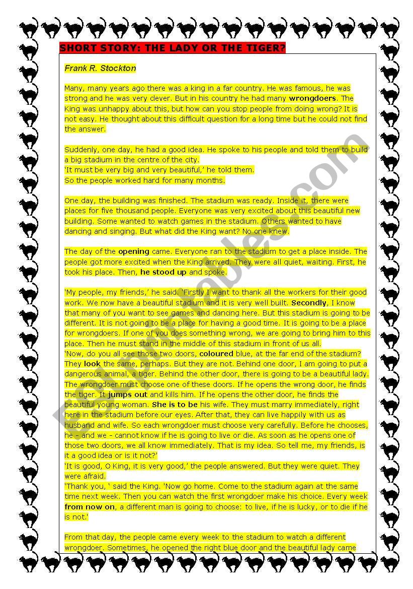the lady or the tiger!!! worksheet