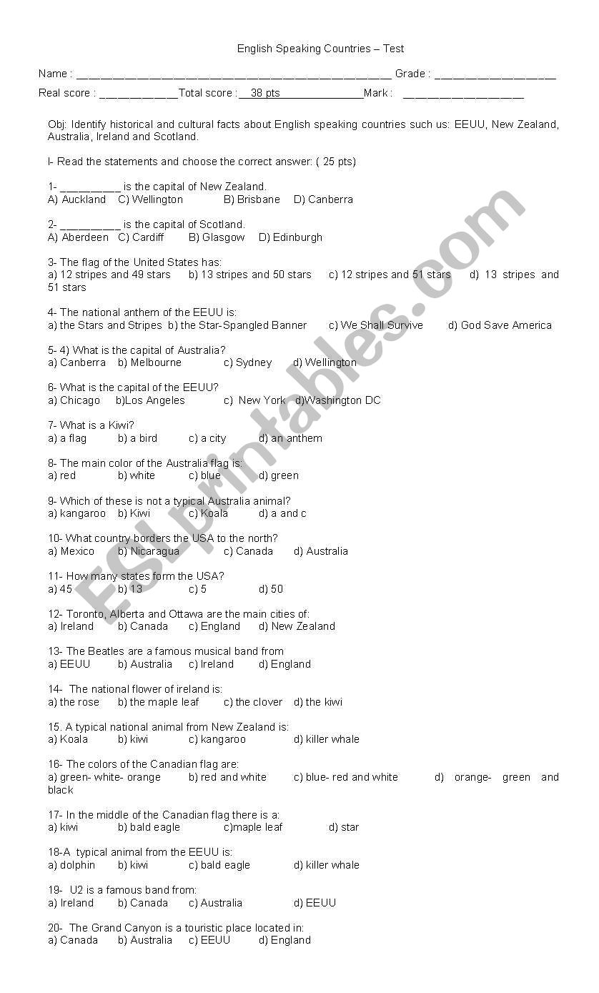 English speaking countries test