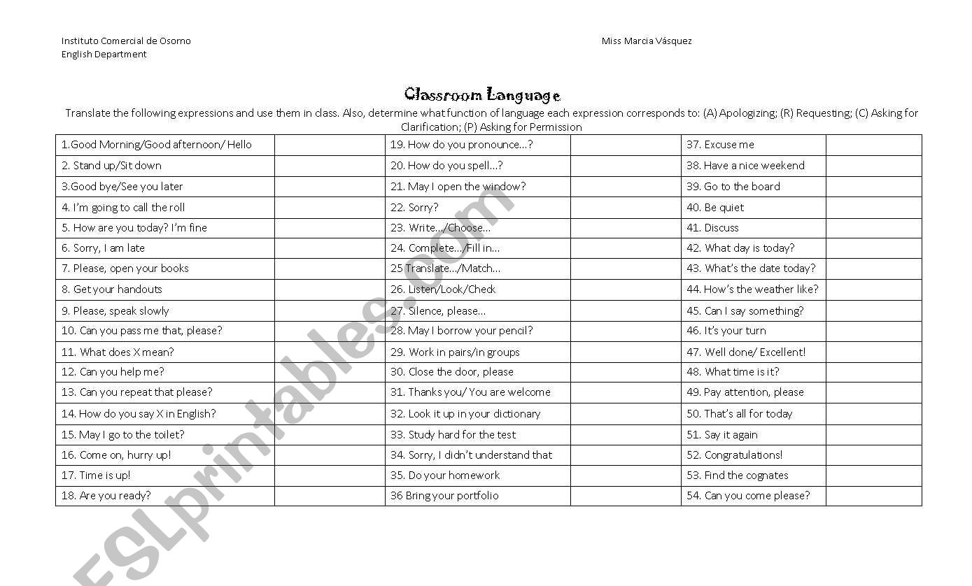 classroom language worksheet