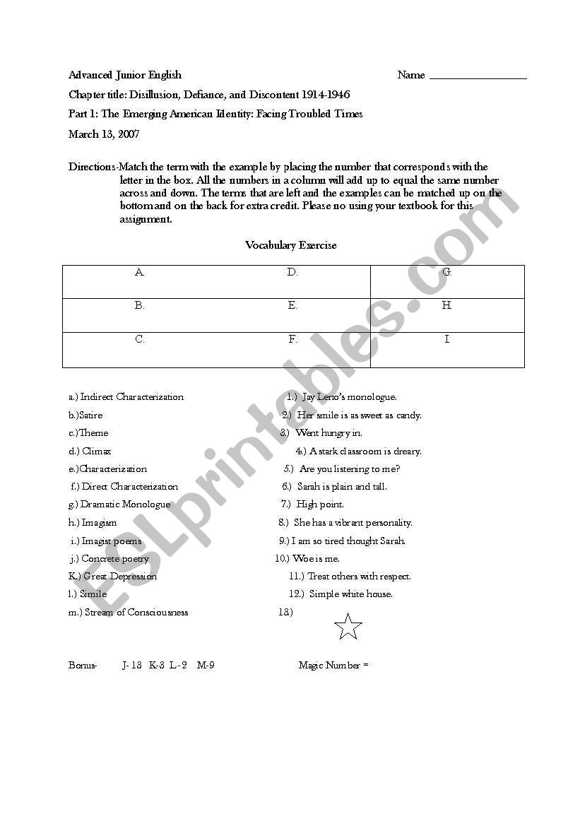 Literary elements worksheet