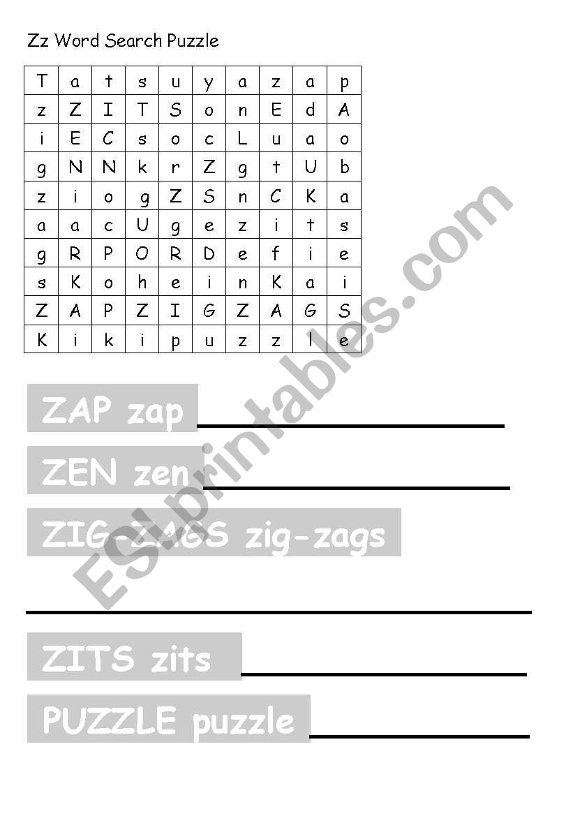 Zz Writing and Wordsearch worksheet