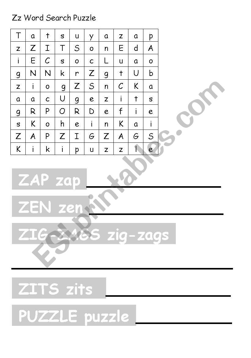 Zz Writing and Wordsearch worksheet