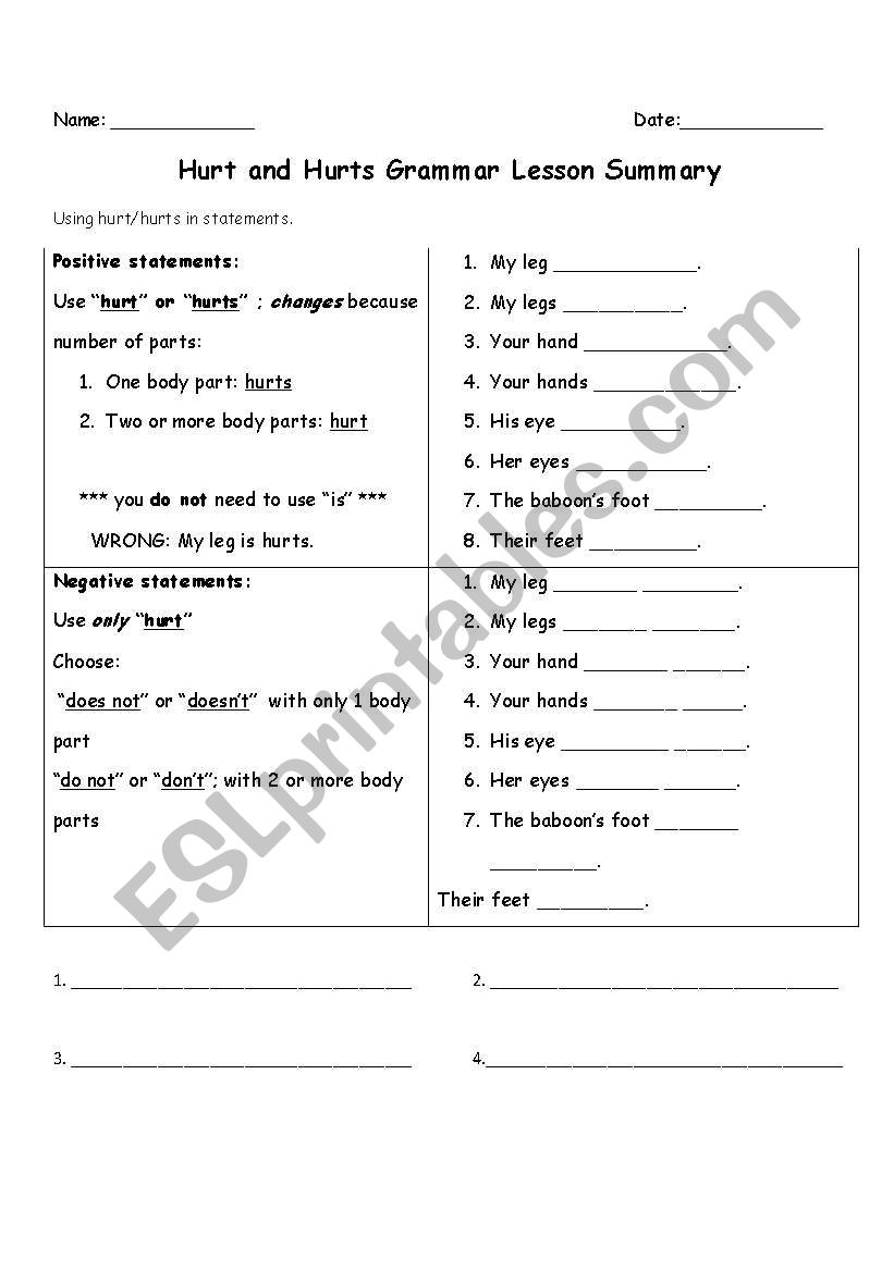 Hurt and Hurts Grammar Lesson worksheet