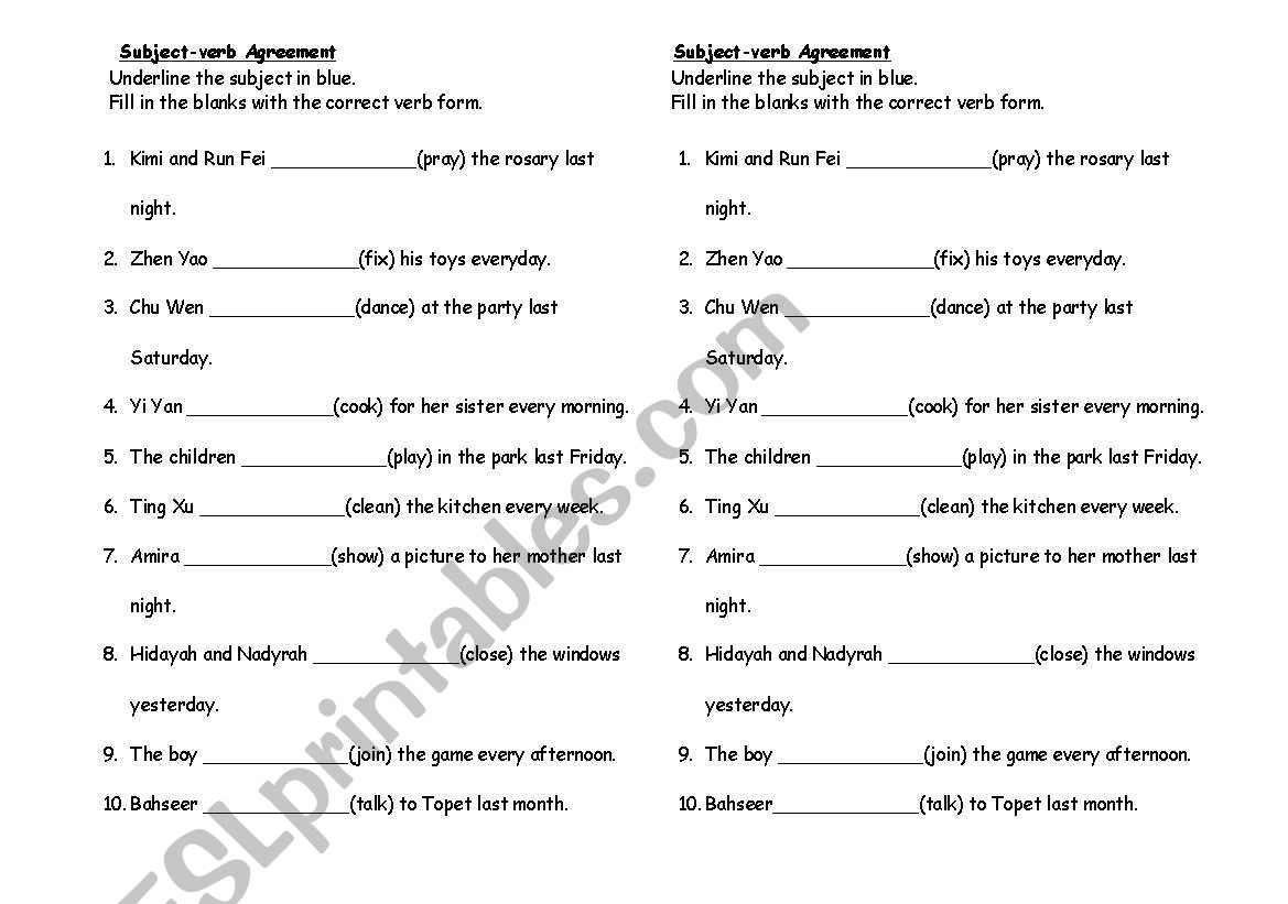 Subject Verb agreement worksheet