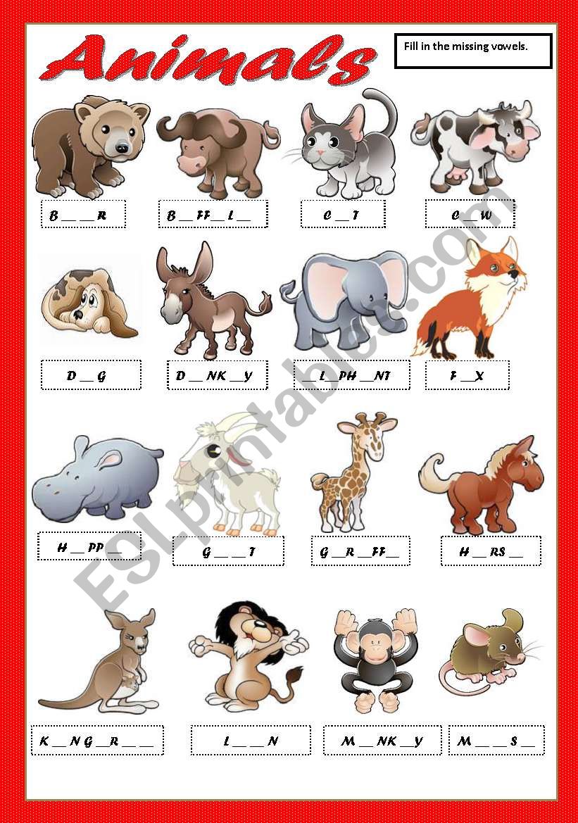 ANIMALS 1 - FILL IN THE MISSING VOWELS - ESL worksheet by princesss