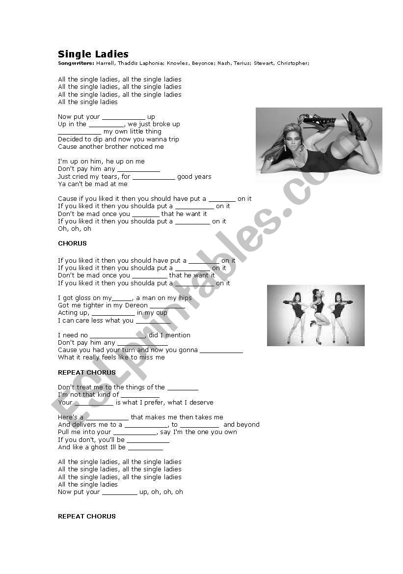 Song - Single Ladies, Beyonce worksheet