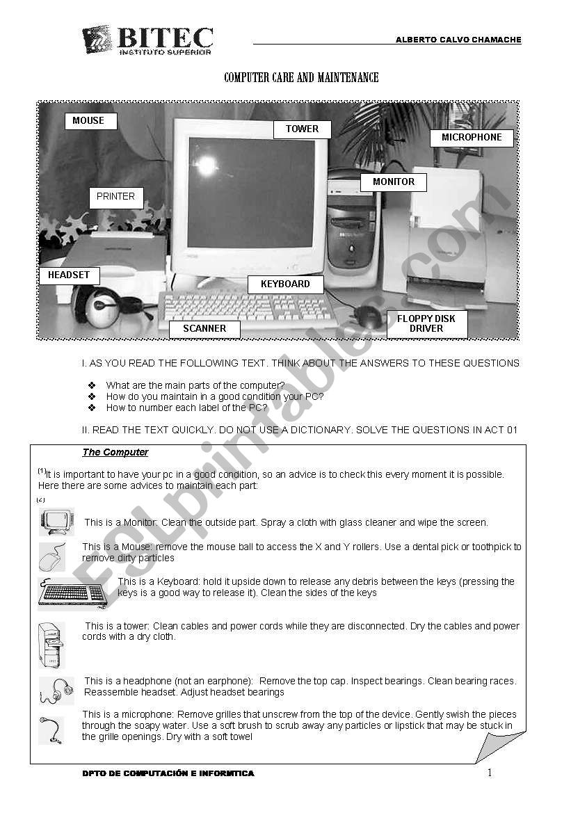 COMPUTER CARE AND MAINTENANCE worksheet