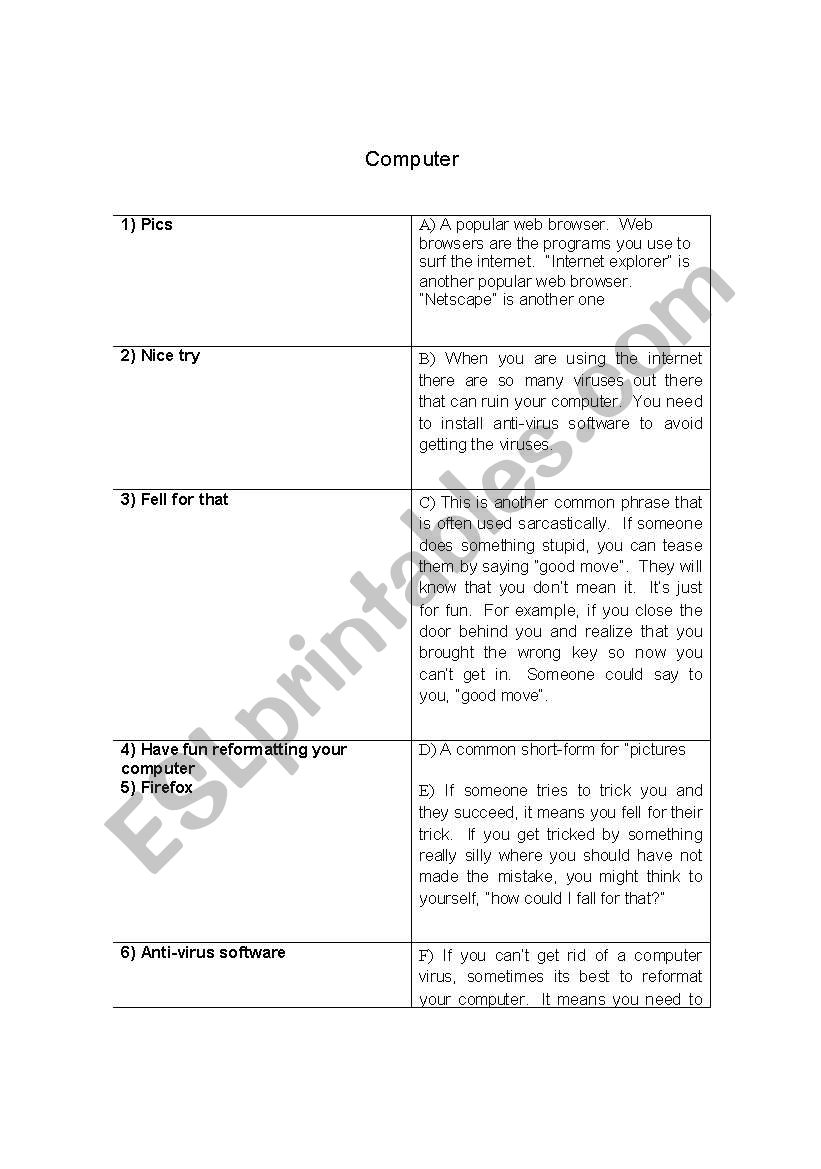 Slang: computer situation-  match the words and explanations, vocab, and a dialogue to practice and contextualize the  new slang word/expressions