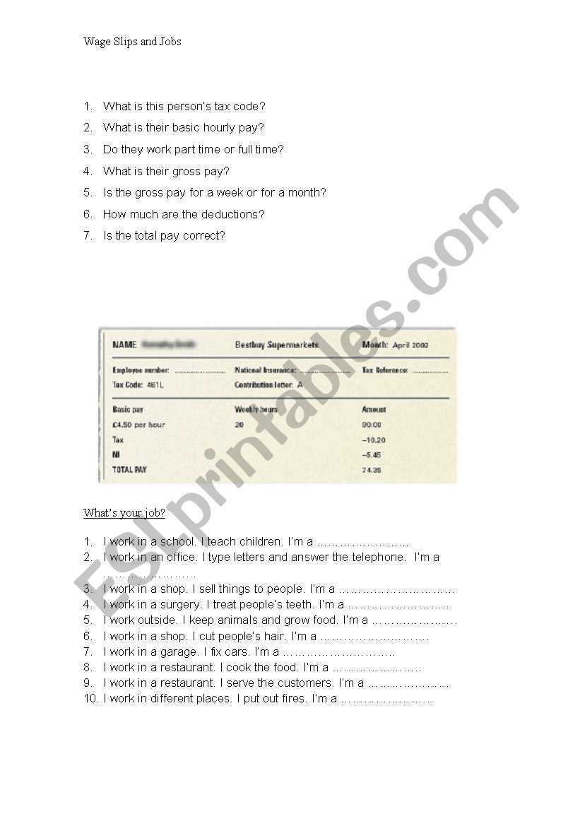 Wage slips and Jobs worksheet