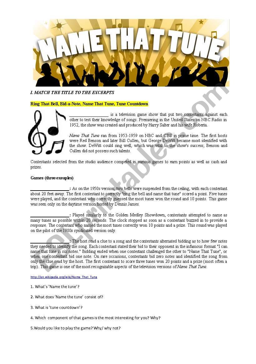 NAME THAT TUNE  - quiz show worksheet