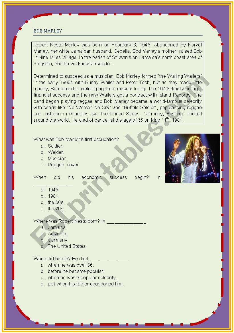 BOB MARLEY worksheet