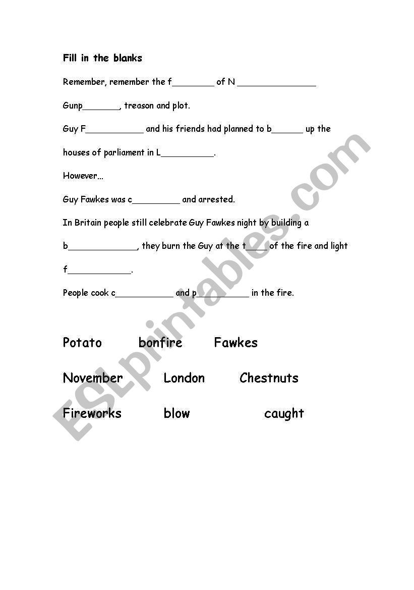 Guy Fawkes worksheet