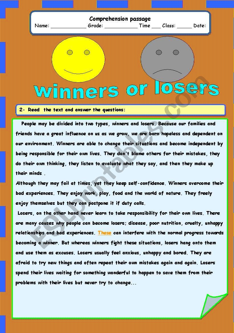 winners or losers worksheet