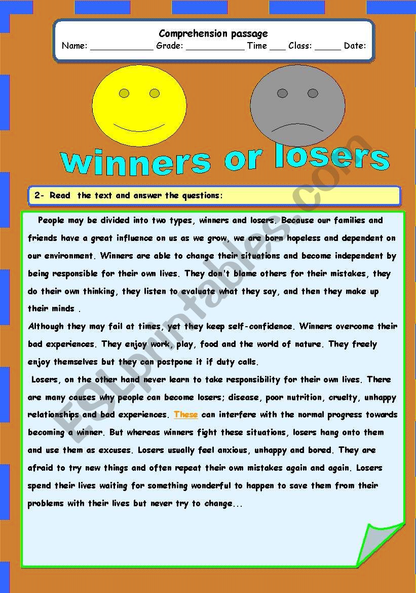 winners or losers worksheet
