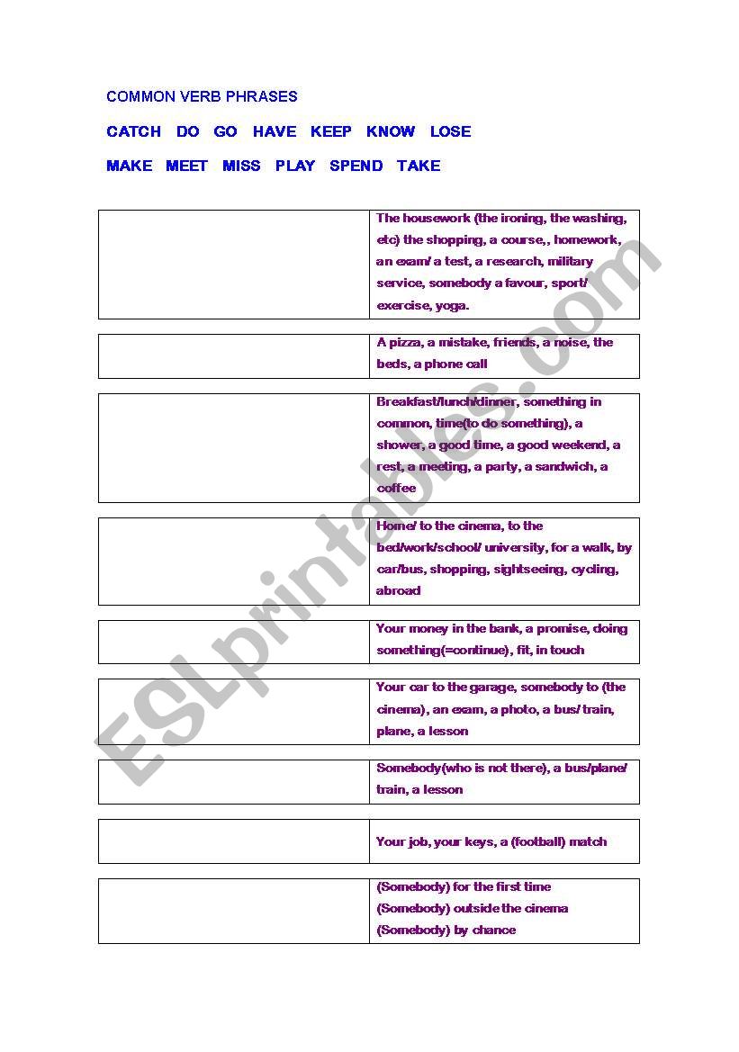 COMMON VERB PHRASES worksheet