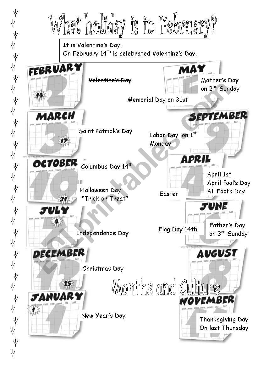 What holiday is in February? worksheet