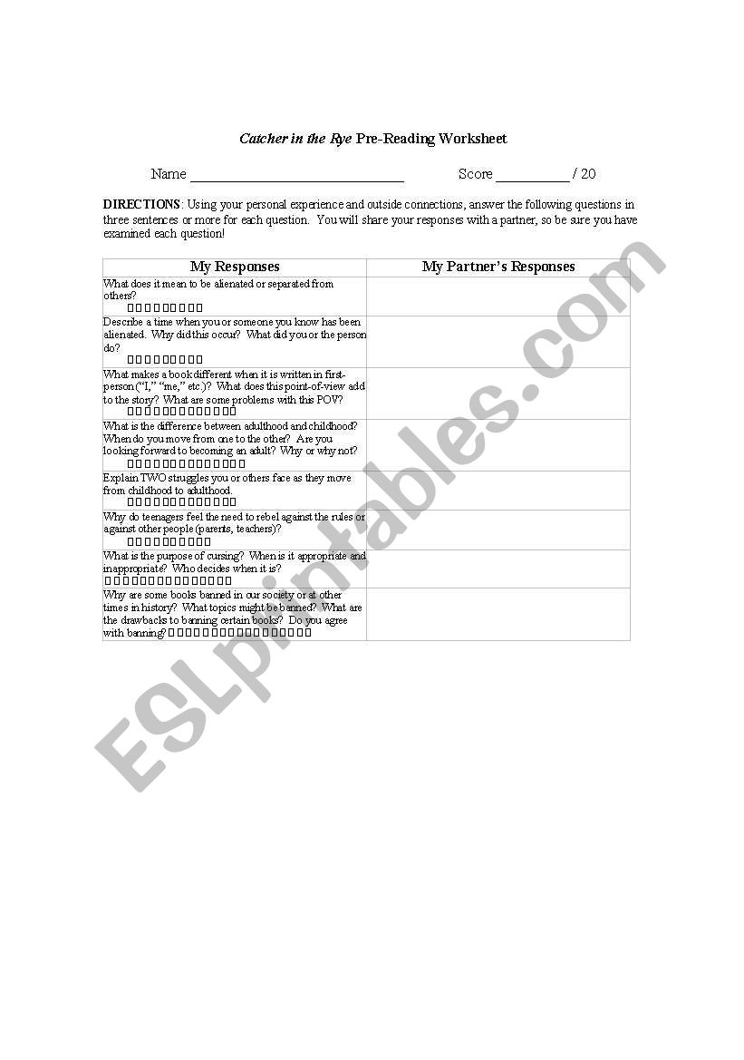 Catcher in the Rye Prereading Worksheet